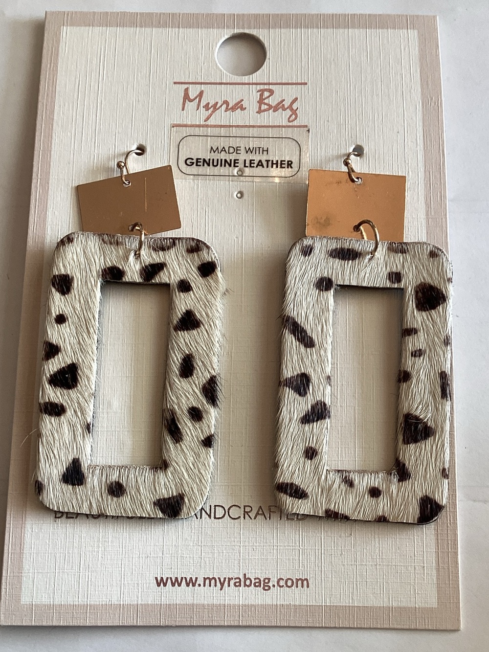 Myra Bag Rectangular Hair-On-Leather Drop Earrings in White with Brown Spots